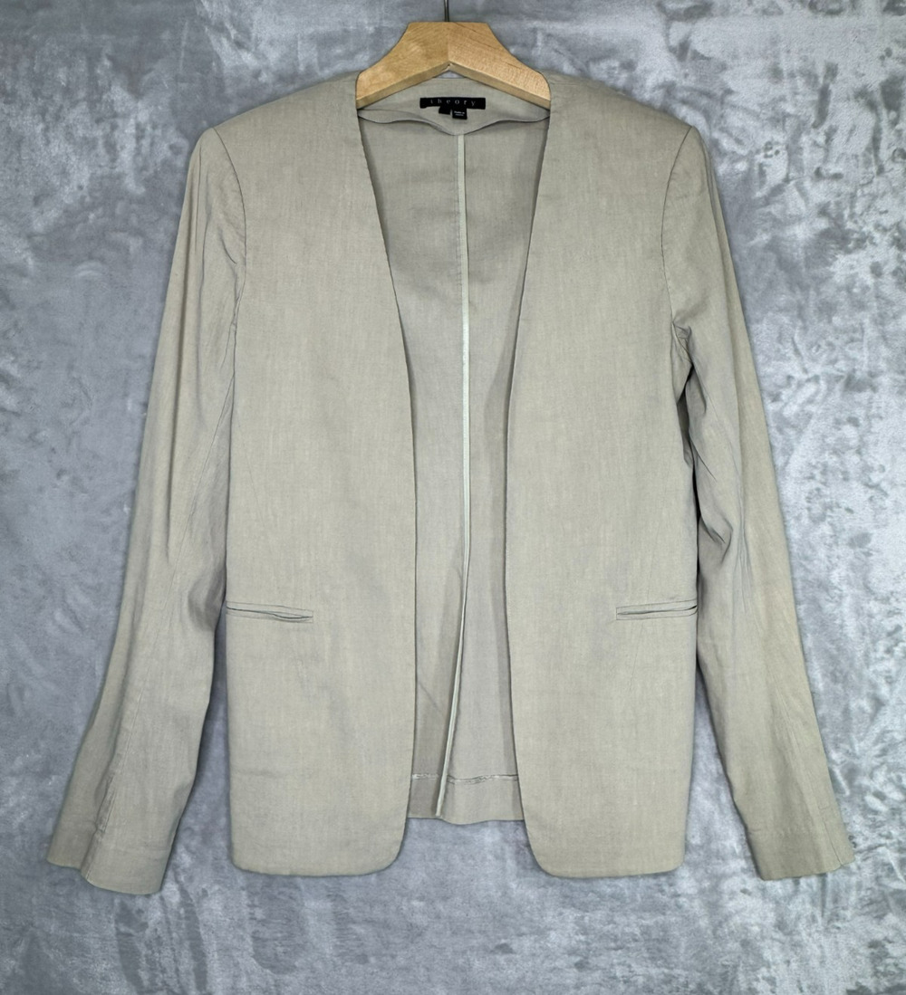 Theory Isita Blazer Womens 8 Khaki Linen Blend Stretch Quite Luxury Career Open